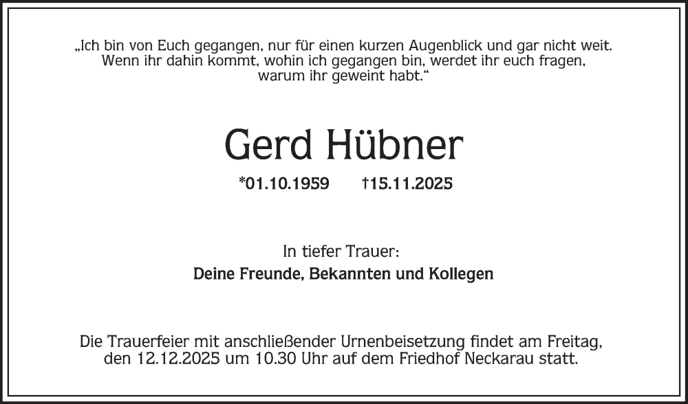  Traueranzeige für Gerd Hübner vom 29.11.2025 aus Mannheimer Morgen