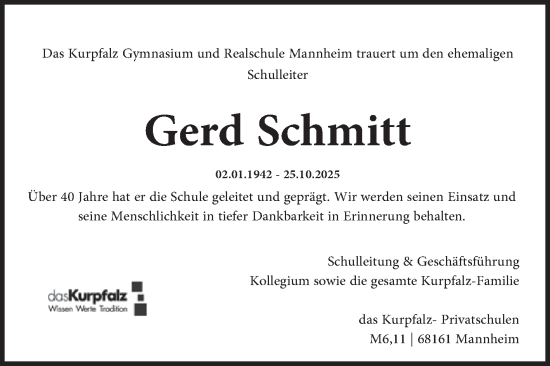 Traueranzeige von Gerd Schmitt von Mannheimer Morgen
