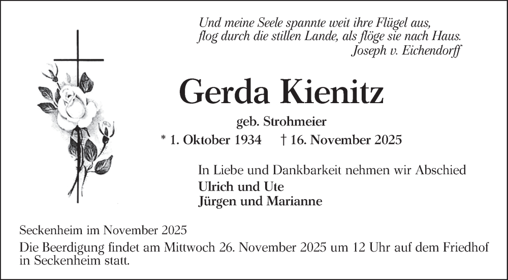  Traueranzeige für Gerda Kienitz vom 22.11.2025 aus Mannheimer Morgen