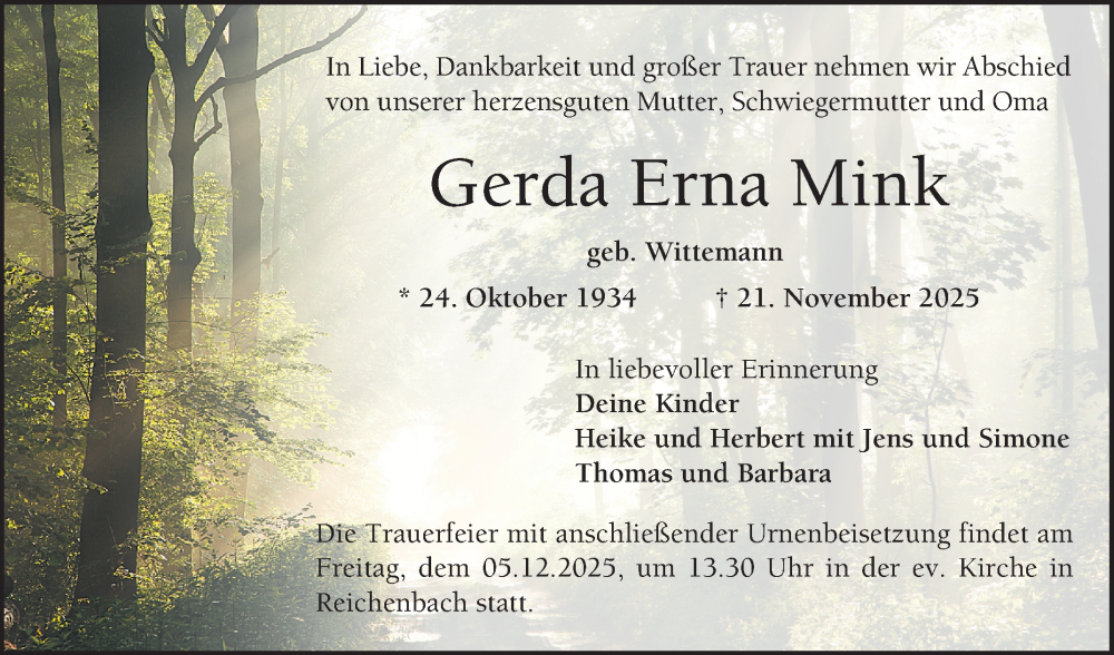  Traueranzeige für Gerda Erna Mink vom 29.11.2025 aus Bergsträßer Anzeiger