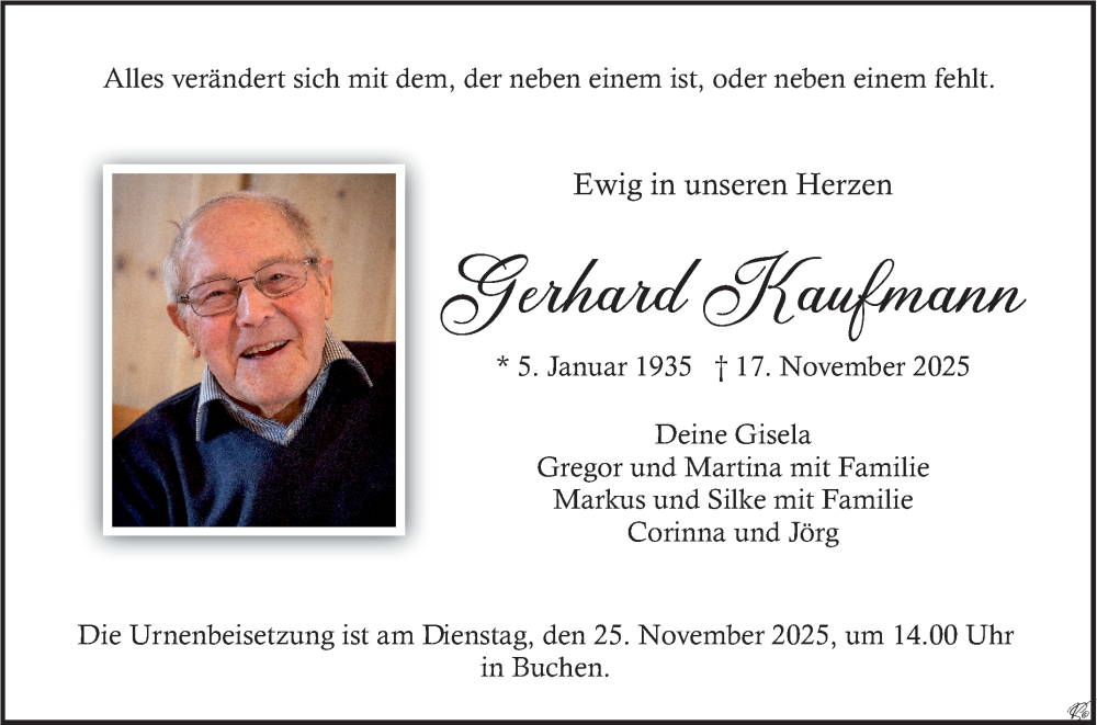  Traueranzeige für Gerhard Kaufmann vom 22.11.2025 aus Fränkische Nachrichten