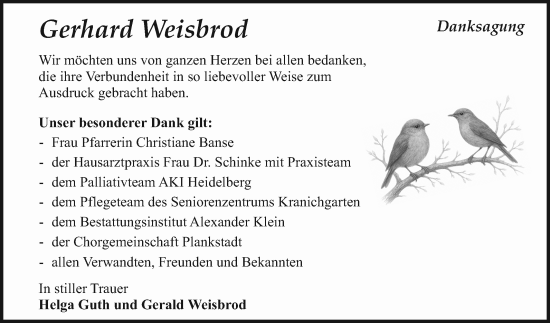 Traueranzeige von Gerhard Weisbrod von Schwetzinger Zeitung
