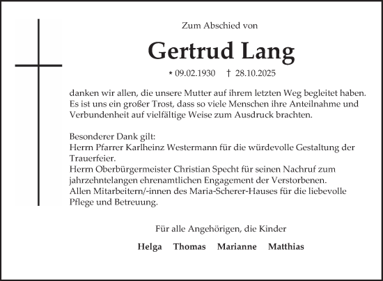 Traueranzeige von Gertrud Lang von Mannheimer Morgen