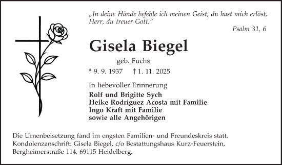Traueranzeige von Gisela Biegel von Schwetzinger Zeitung