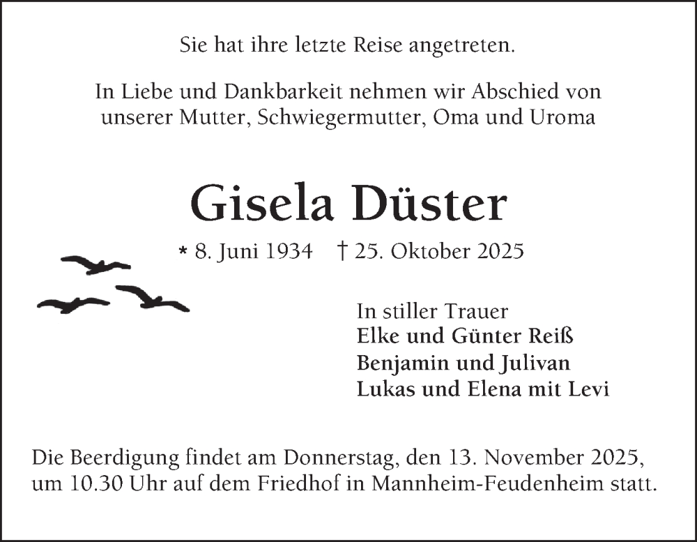  Traueranzeige für Gisela Düster vom 08.11.2025 aus Mannheimer Morgen