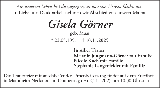 Traueranzeige von Gisela Görner von Mannheimer Morgen