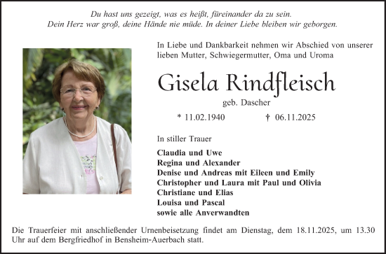 Traueranzeige von Gisela Rindfleisch von Bergsträßer Anzeiger