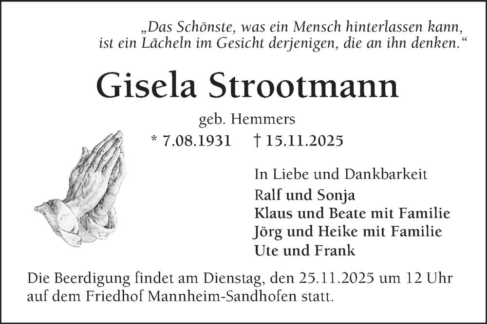  Traueranzeige für Gisela Strootmann vom 22.11.2025 aus Mannheimer Morgen