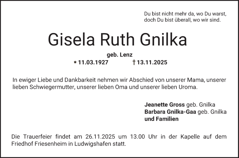  Traueranzeige für Gisela Ruth Gnilka vom 26.11.2025 aus Mannheimer Morgen