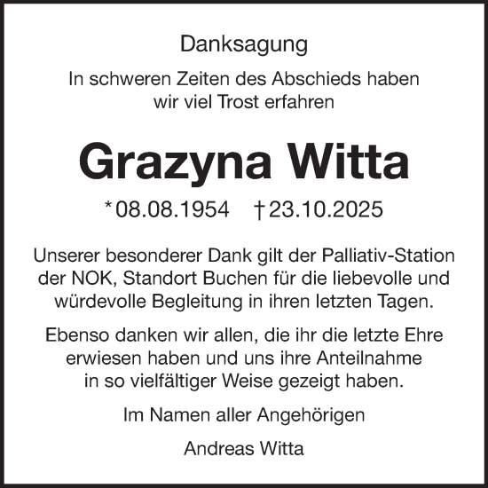 Traueranzeige von Grazyna Witta von Fränkische Nachrichten