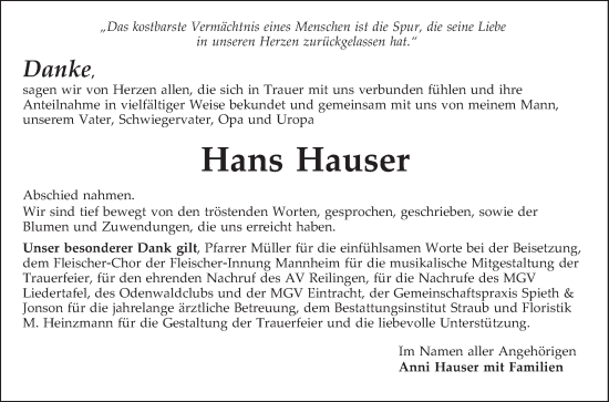 Traueranzeige von Hans Hauser von Schwetzinger Zeitung