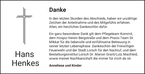 Traueranzeige von Hans Henkes von Bergsträßer Anzeiger