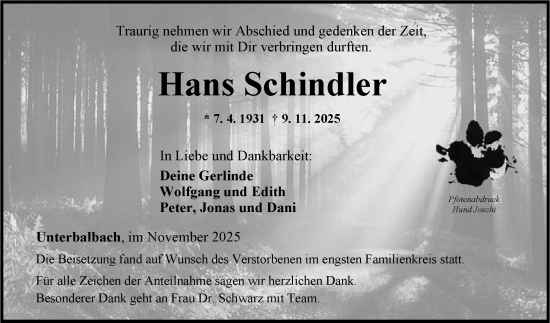 Traueranzeige von Hans Schindler von Fränkische Nachrichten