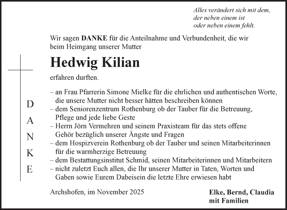  Traueranzeige für Hedwig Kilian vom 15.11.2025 aus Fränkische Nachrichten