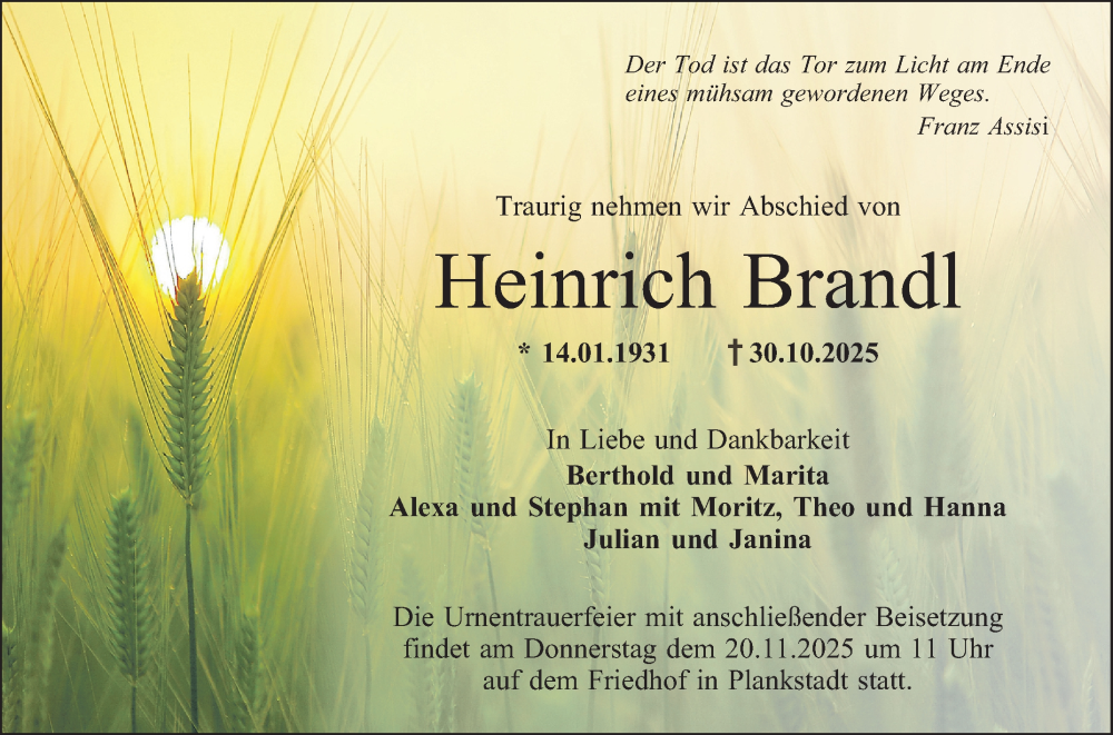  Traueranzeige für Heinrich Brandl vom 15.11.2025 aus Schwetzinger Zeitung