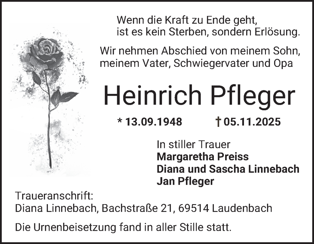  Traueranzeige für Heinrich Pfleger vom 25.11.2025 aus Bergsträßer Anzeiger