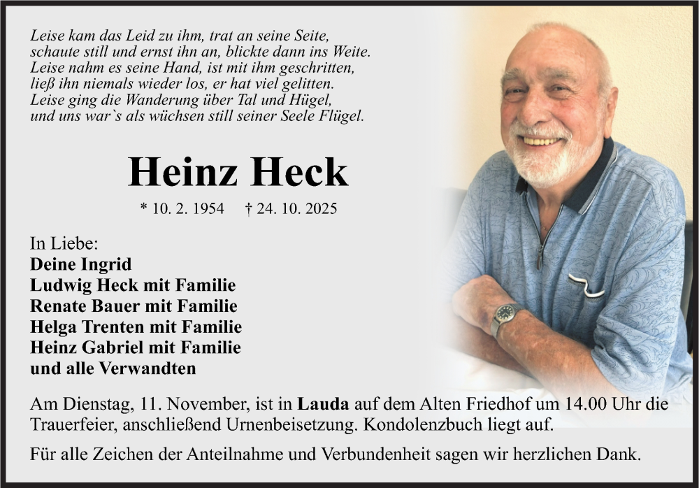  Traueranzeige für Heinz Heck vom 06.11.2025 aus Fränkische Nachrichten