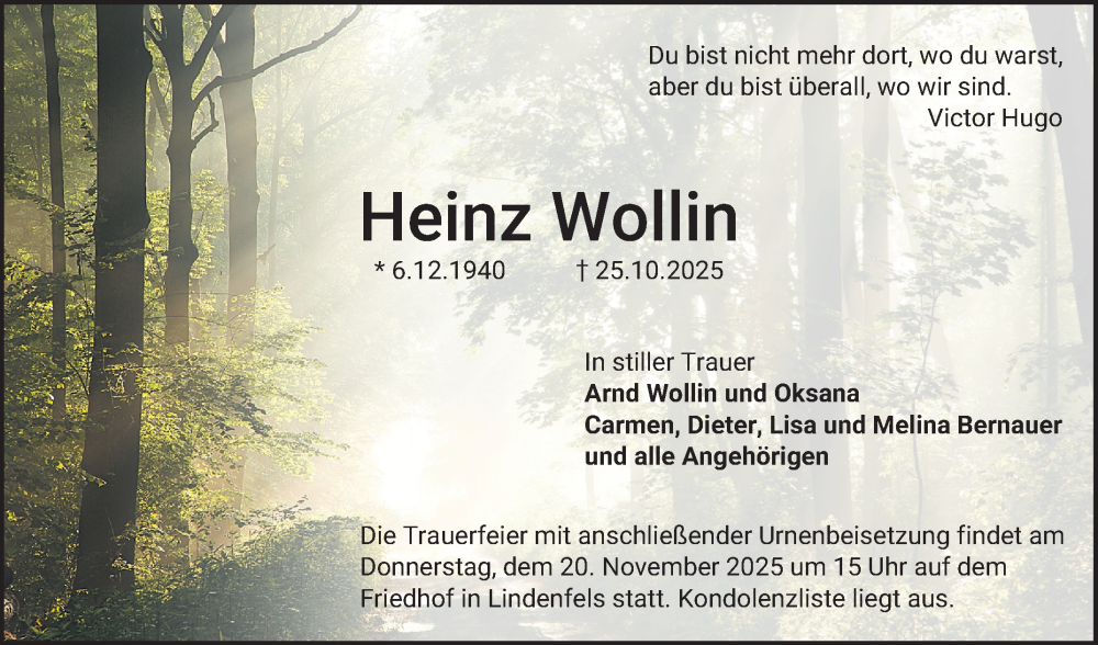  Traueranzeige für Heinz Wollin vom 15.11.2025 aus Bergsträßer Anzeiger