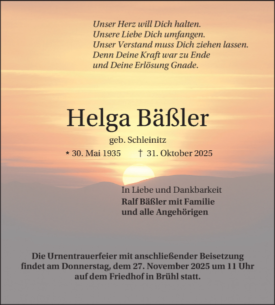 Traueranzeige von Helga Bäßler von Schwetzinger Zeitung