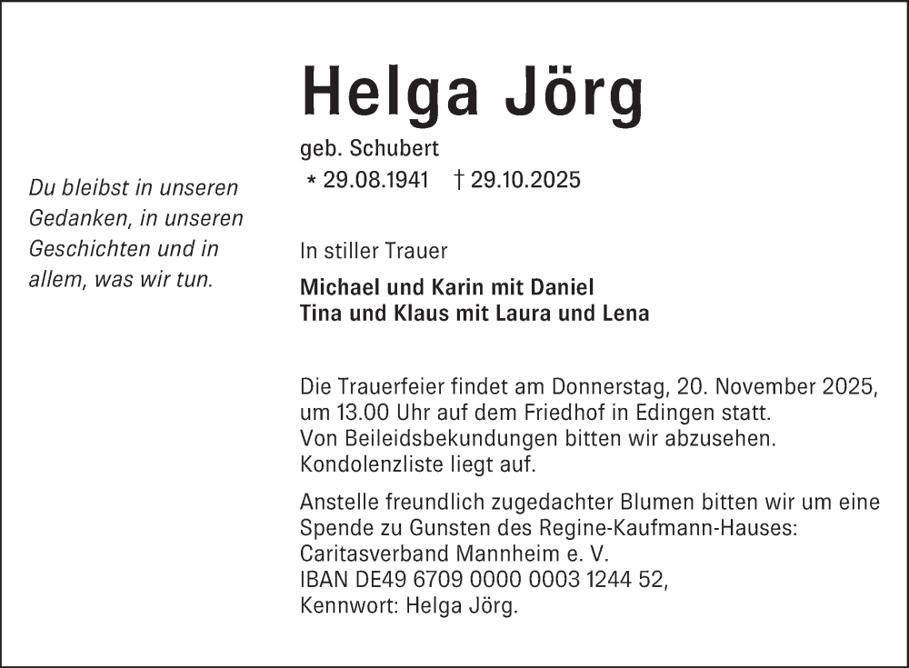  Traueranzeige für Helga Jörg vom 15.11.2025 aus Mannheimer Morgen