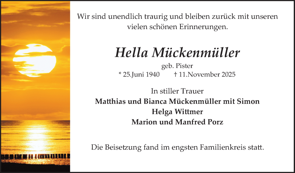  Traueranzeige für Hella Mückenmüller vom 29.11.2025 aus Schwetzinger Zeitung