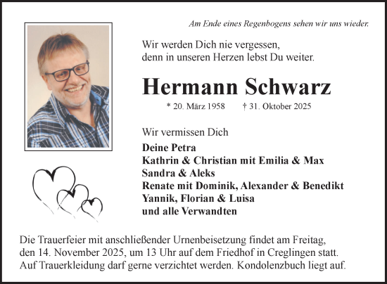 Traueranzeige von Hermann Schwarz von Fränkische Nachrichten