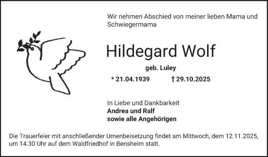 Traueranzeige von Hildegard Wolf von Bergsträßer Anzeiger