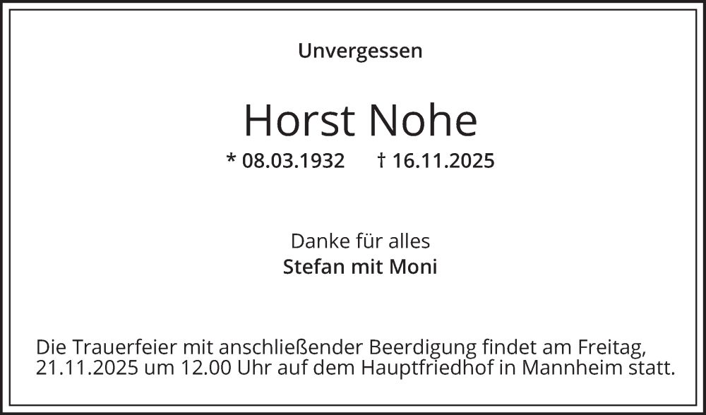  Traueranzeige für Horst Nohe vom 19.11.2025 aus Mannheimer Morgen