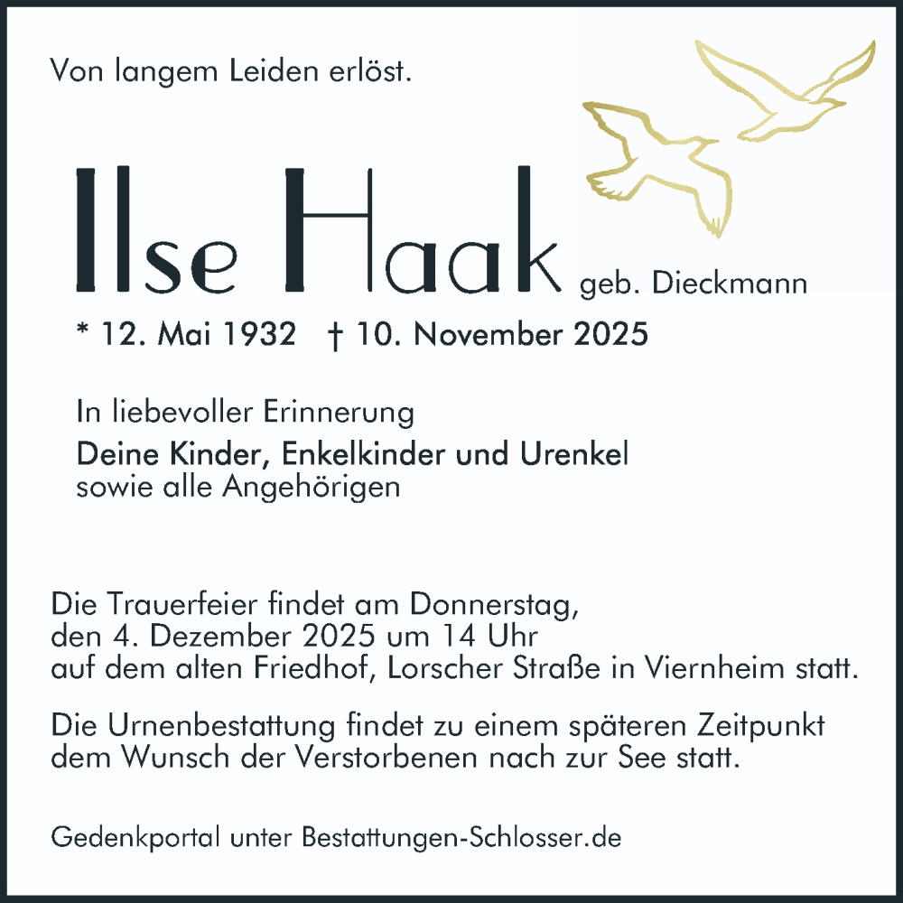  Traueranzeige für Ilse Haak vom 22.11.2025 aus Mannheimer Morgen
