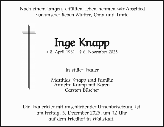 Traueranzeige von Inge Knapp von Mannheimer Morgen