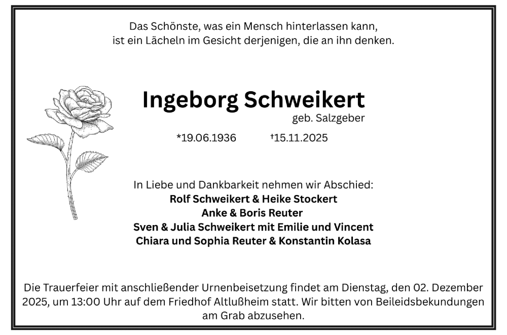  Traueranzeige für Ingeborg Schweikert vom 29.11.2025 aus Schwetzinger Zeitung