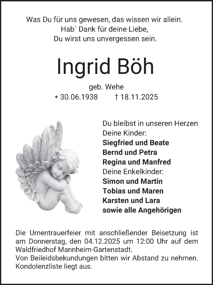  Traueranzeige für Ingrid Böh vom 29.11.2025 aus Mannheimer Morgen