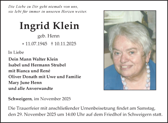 Traueranzeige von Ingrid Klein von Fränkische Nachrichten