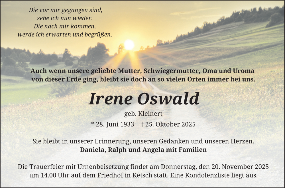  Traueranzeige für Irene Oswald vom 15.11.2025 aus Schwetzinger Zeitung