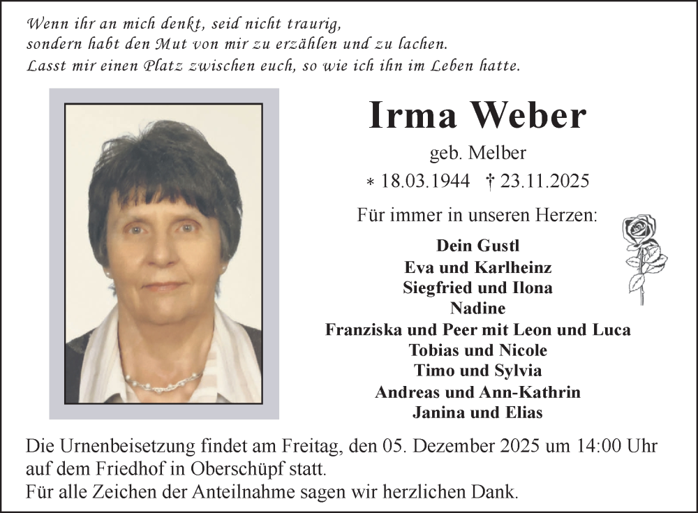  Traueranzeige für Irma Weber vom 29.11.2025 aus Fränkische Nachrichten
