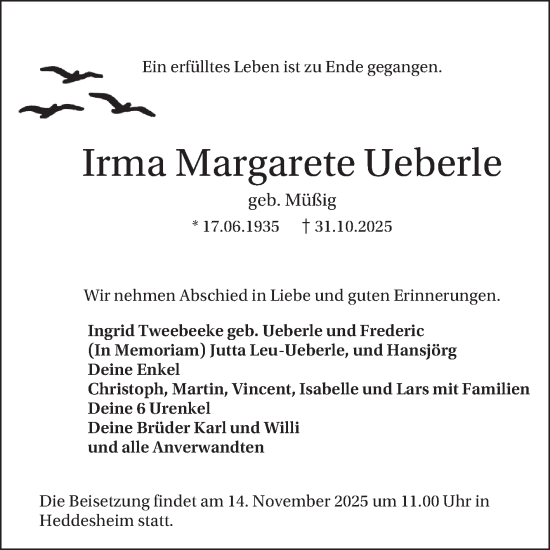Traueranzeige von Irma Margarete Ueberle von Mannheimer Morgen