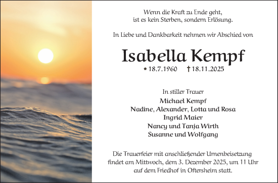 Traueranzeige von Isabella Kempf von Schwetzinger Zeitung