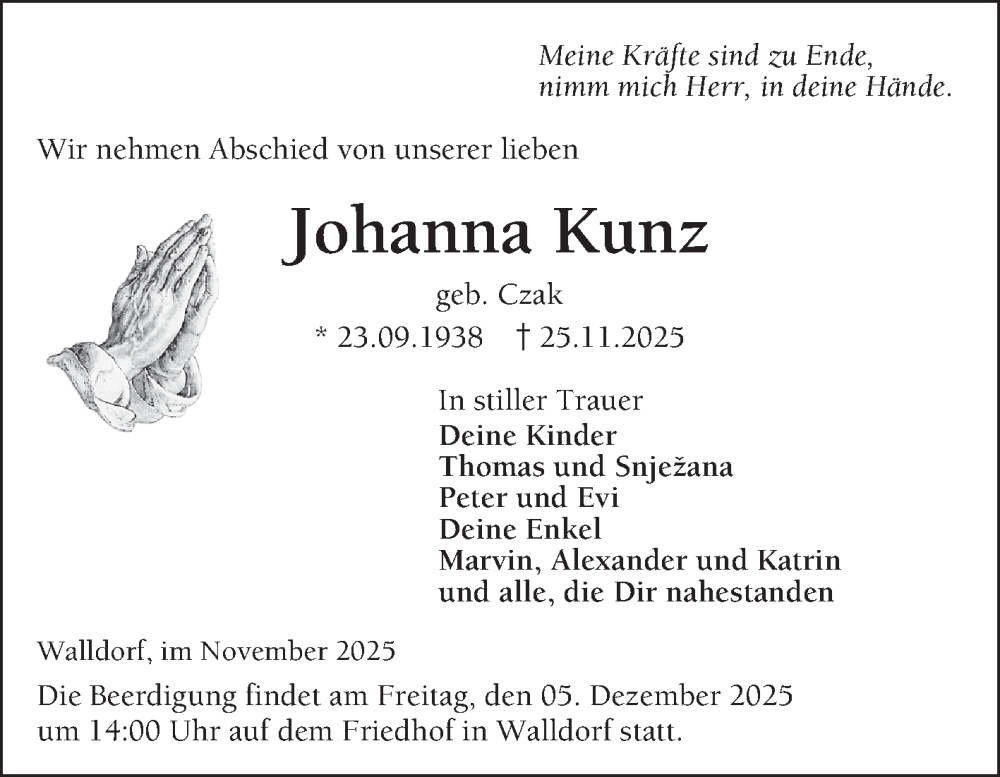  Traueranzeige für Johanna Kunz vom 29.11.2025 aus Schwetzinger Zeitung