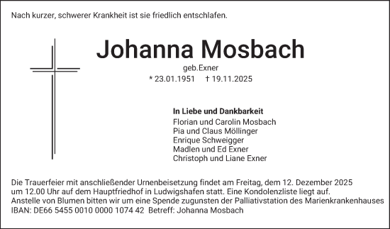 Traueranzeige von Johanna Mosbach von Mannheimer Morgen