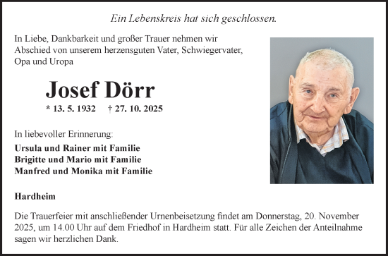 Traueranzeige von Josef Dörr von Fränkische Nachrichten