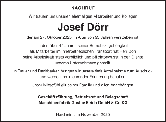 Traueranzeige von Josef Dörr von Fränkische Nachrichten