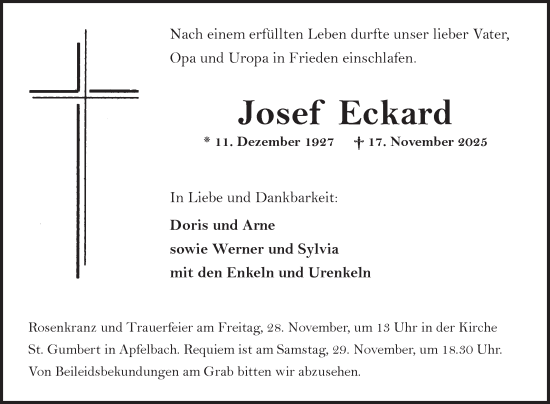 Traueranzeige von Josef Eckard von Fränkische Nachrichten