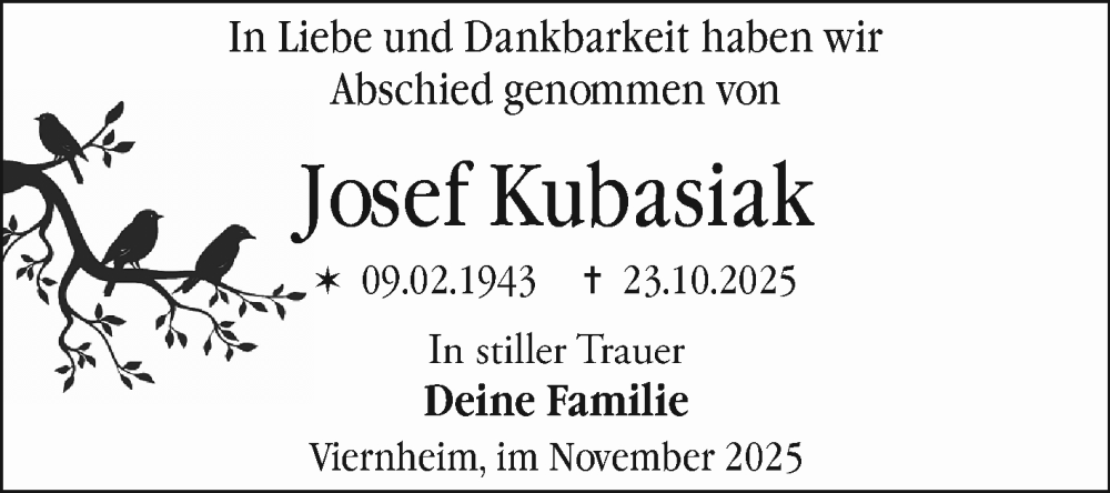  Traueranzeige für Josef Kubasiak vom 08.11.2025 aus Mannheimer Morgen