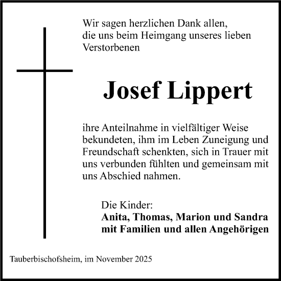 Traueranzeige von Josef Lippert von Fränkische Nachrichten