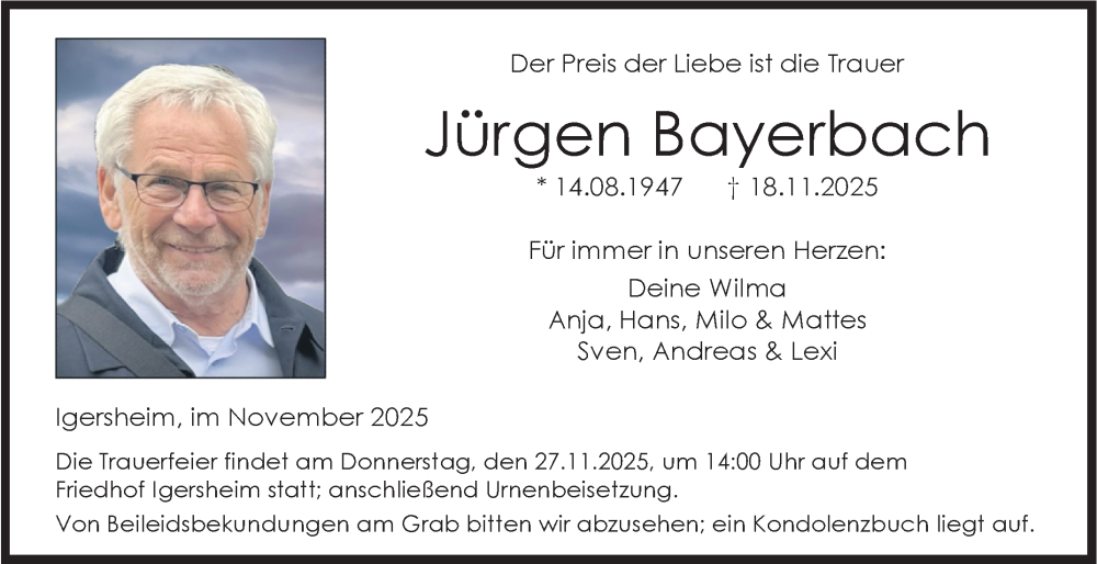  Traueranzeige für Jürgen Bayerbach vom 22.11.2025 aus Fränkische Nachrichten