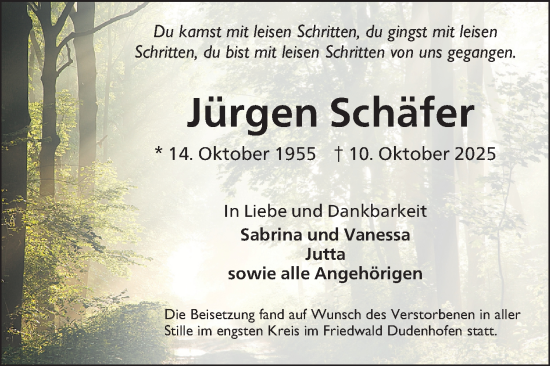 Traueranzeige von Jürgen Schäfer von Schwetzinger Zeitung