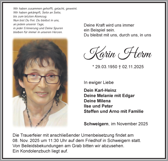 Traueranzeige von Karin Herm von Fränkische Nachrichten