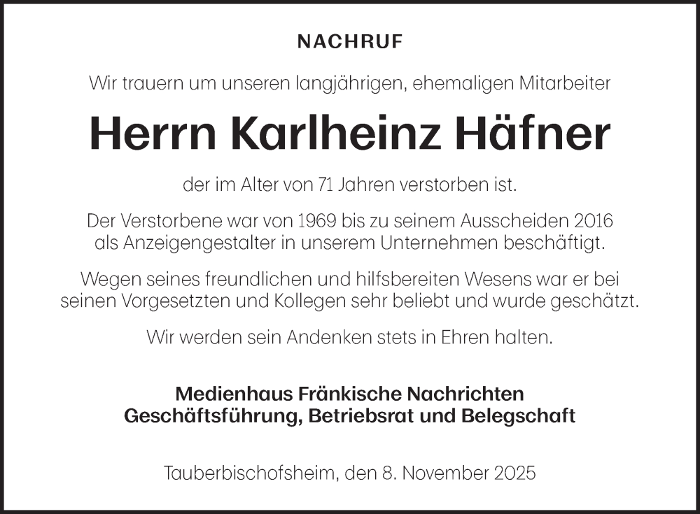 Traueranzeige für Karlheinz Häfner vom 08.11.2025 aus Fränkische Nachrichten