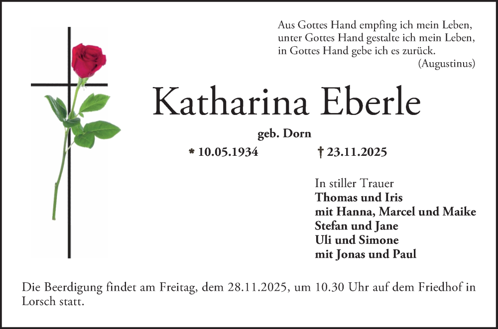  Traueranzeige für Katharina Eberle vom 26.11.2025 aus Bergsträßer Anzeiger