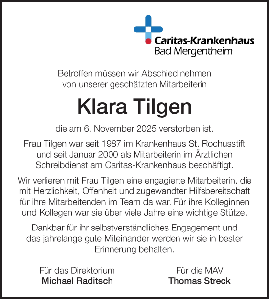Traueranzeige von Klara Tilgen von Fränkische Nachrichten